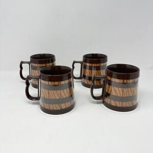 VTG Thermo Serv Insulated Coffee Cups Brown Wood Barrel Stripe Mugs - Set of 4